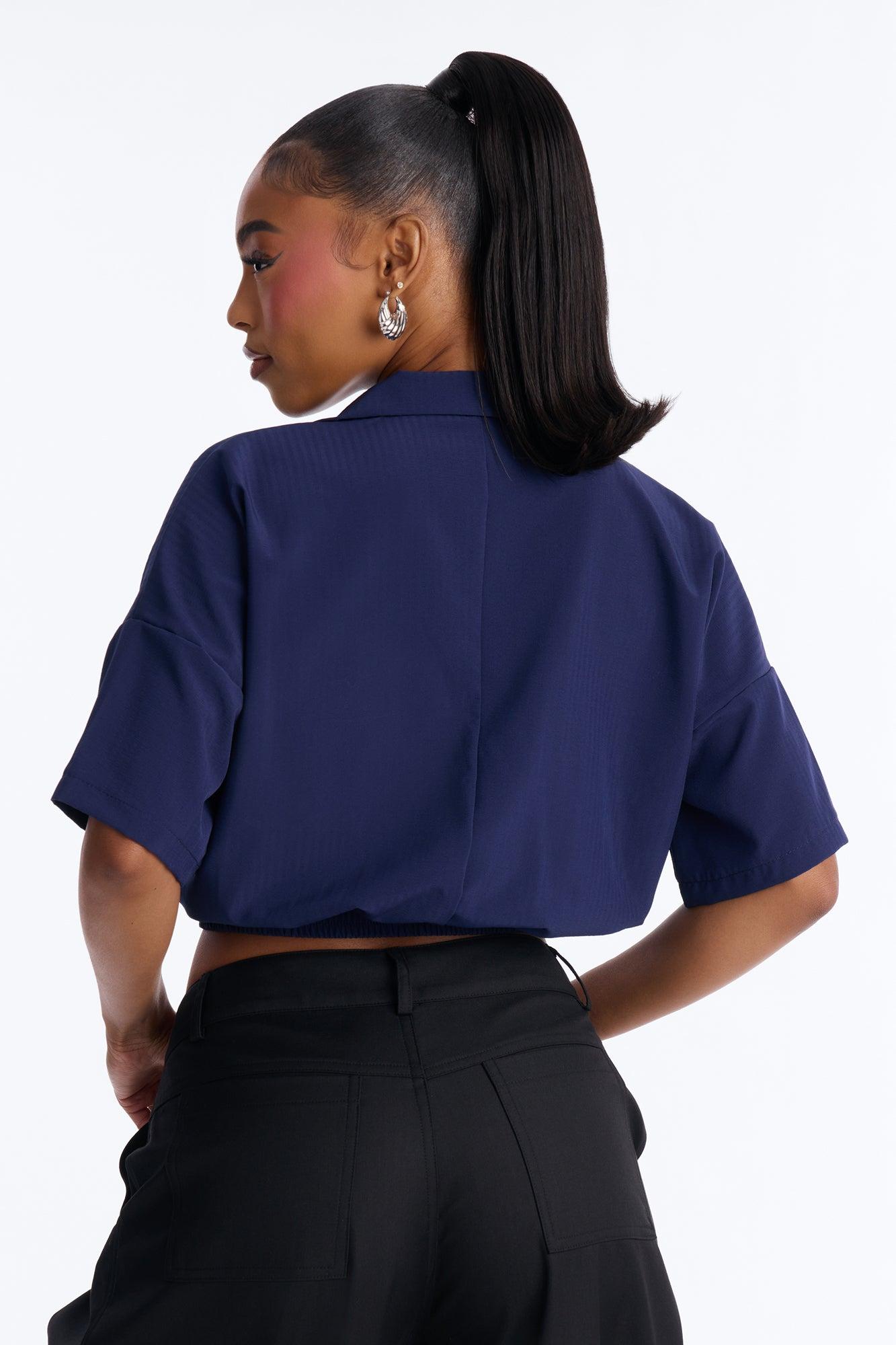 Taylor Crossover Short Sleeve Collared Blouse - Navy Female Product Image
