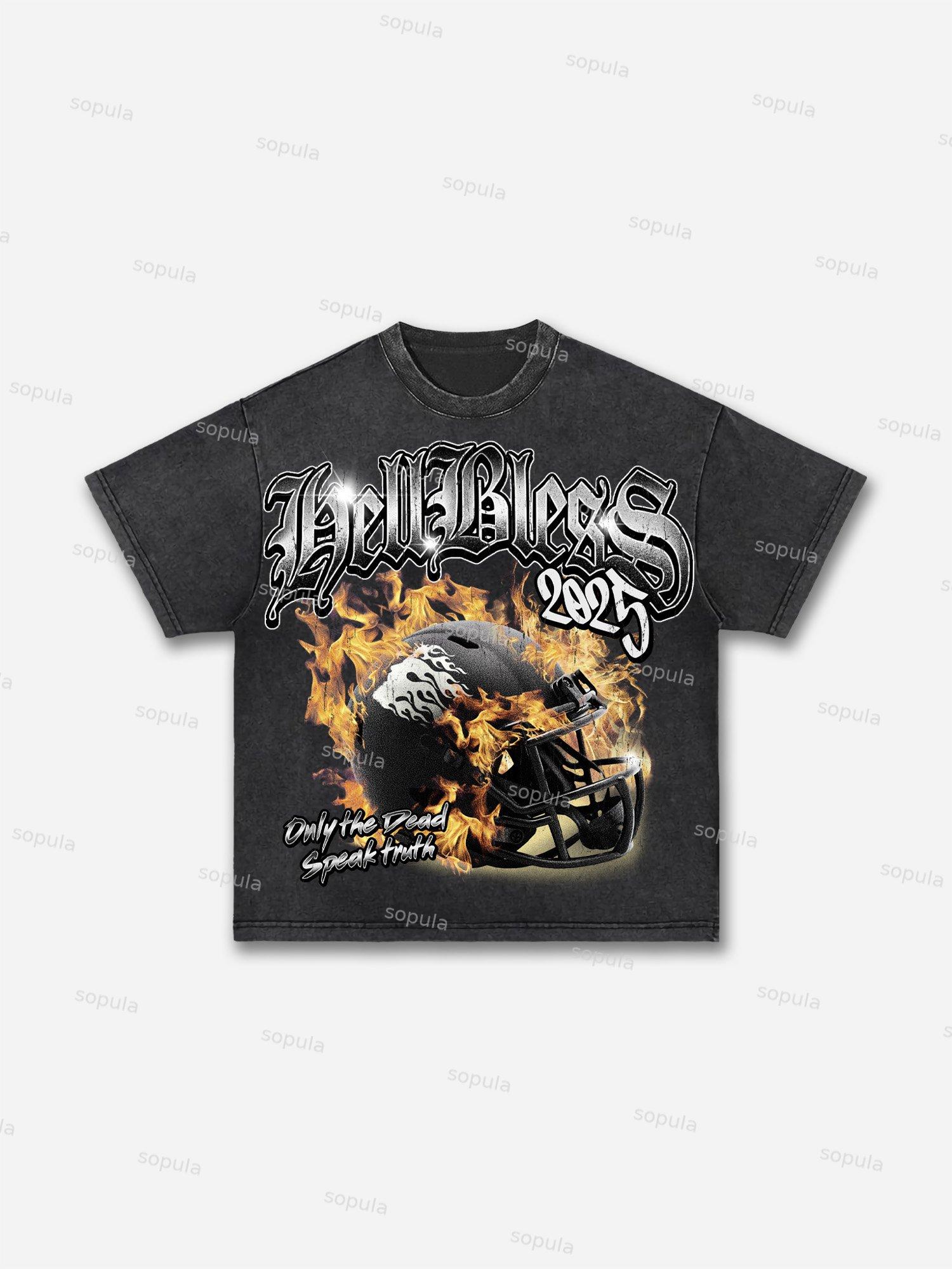 Hellbless Flame Rugby Helmet Vintage Old Graphic Acid Wash T-shirt Product Image