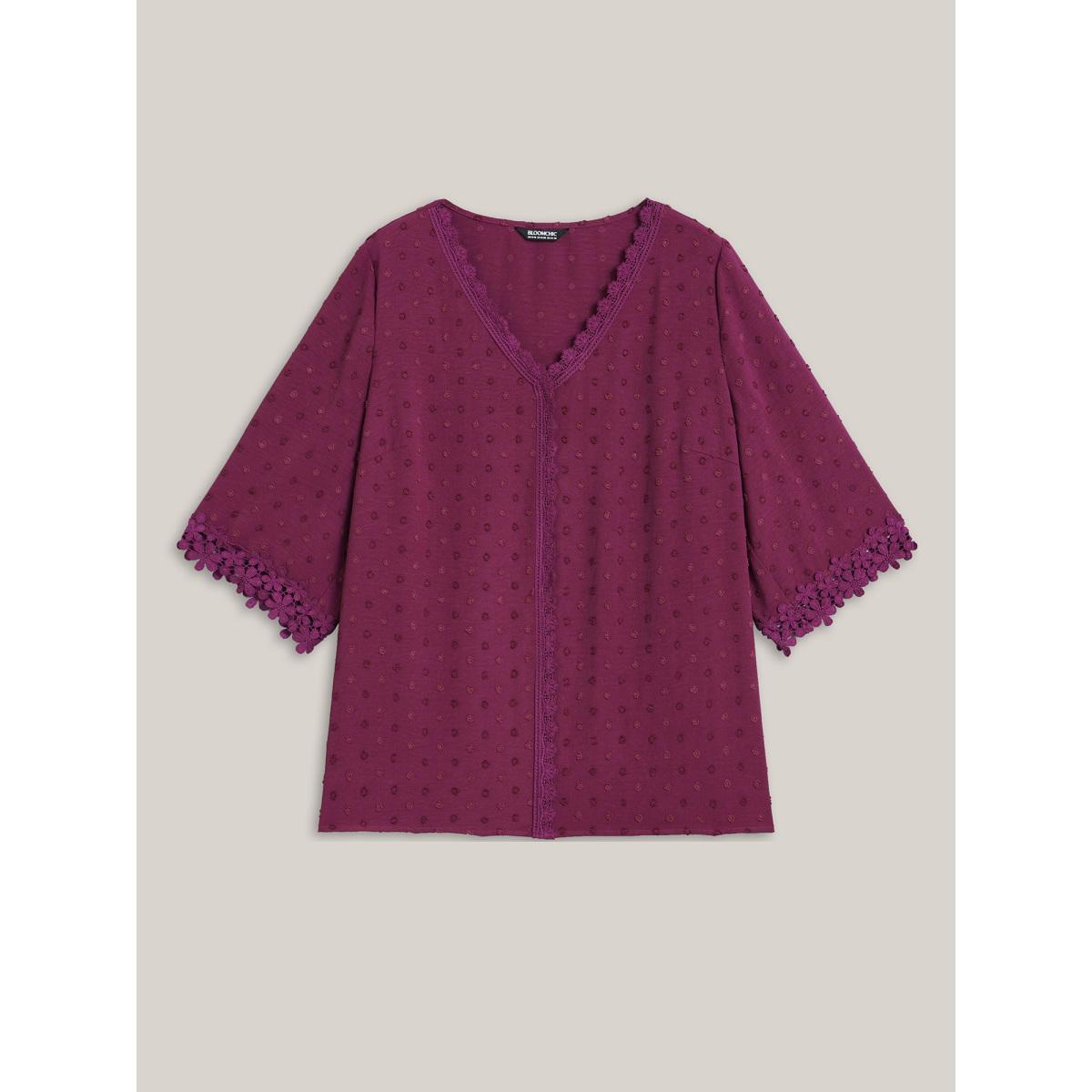 Plus Size Deeppurplered Textured Color-Block Lace Detail Shirt Women Elegant Elbow-length sleeve V-neck Everyday Blouses BloomChic 28/5X Product Image