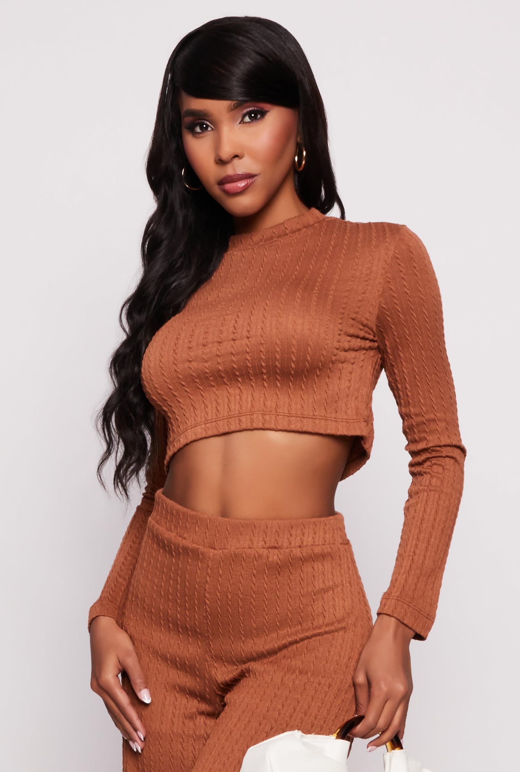 Womens Cable Knit Mock Neck Crop Top Product Image