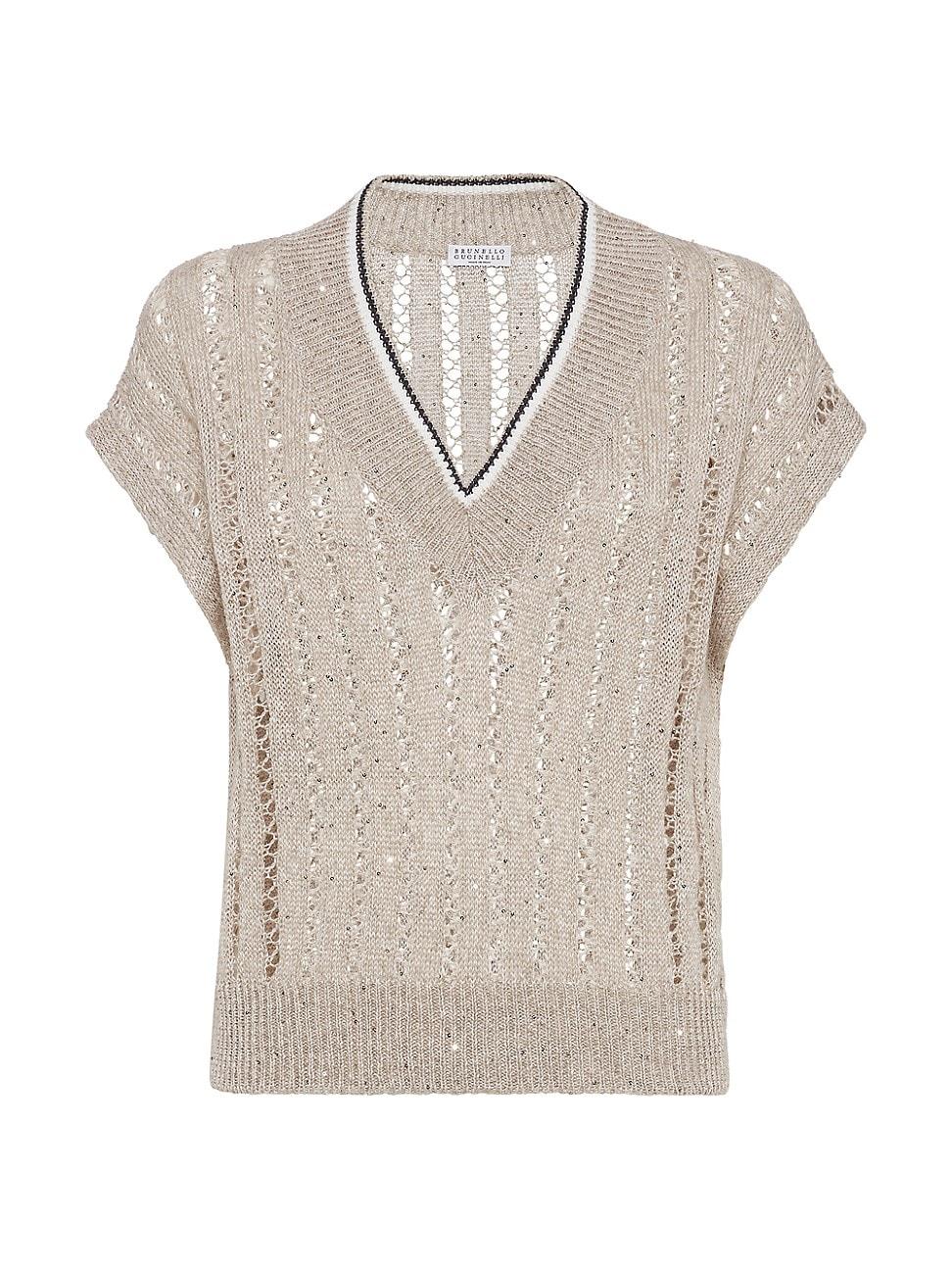 Womens Linen Dazzling Ribbed Net Knit T-Shirt Product Image
