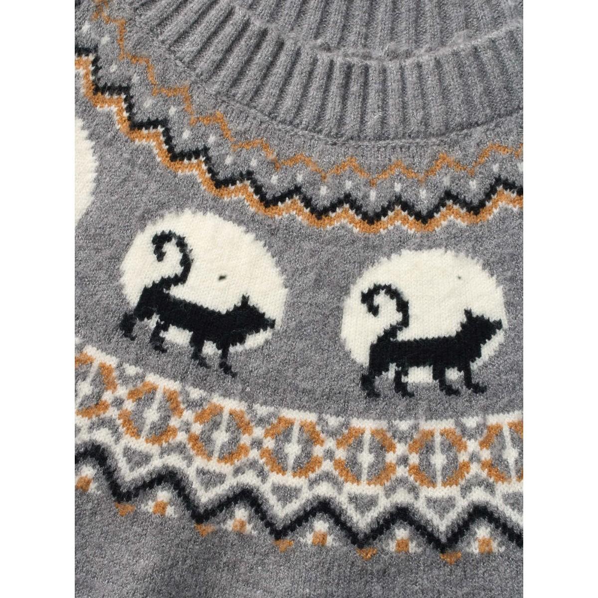 Plus Size Supersoft Essentials Wicked Cat Fair Isle Yoke Printed Pullover DarkGray Women Leisure Long Sleeve Round Neck Casual Pullovers BloomChic 26/4X Product Image