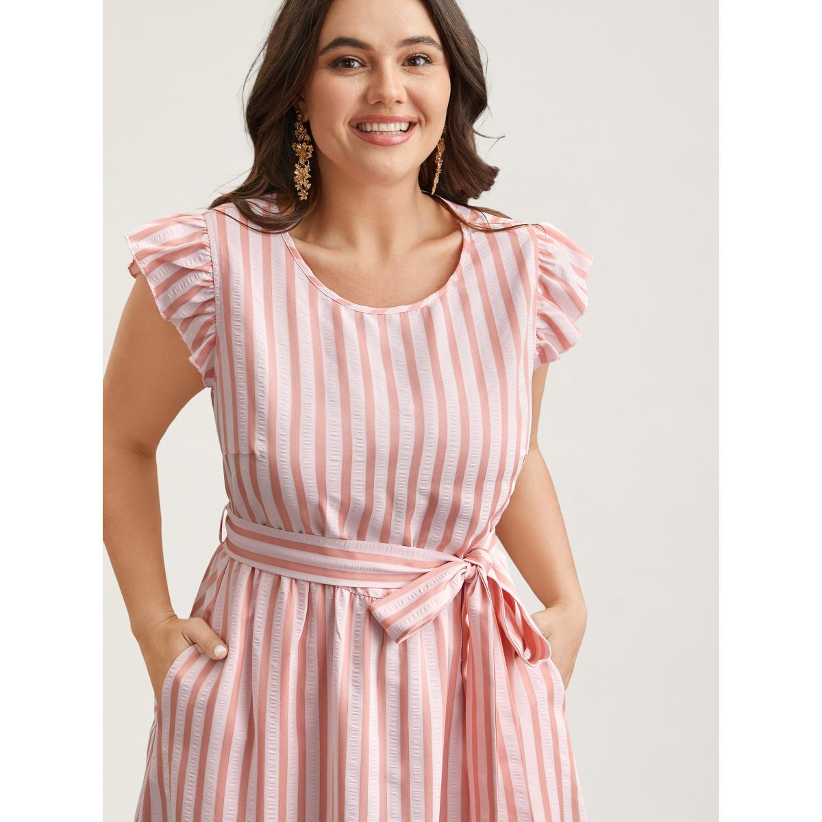 Plus Size Pastel Stripes Belted Pockets Midi Dress Multicolor Women Timeless Belted Round Neck Cap Sleeve Curvy BloomChic 26/4X Product Image