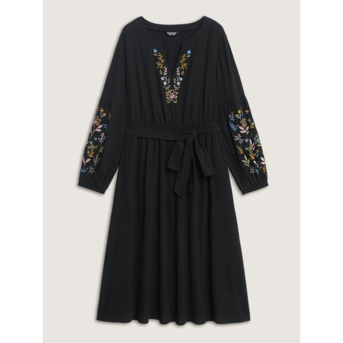 Plus Size Cotton Floral Embroidery Belted Midi Dress Black Women Leisure Belted Flat collar with V-notch Extra Long Sleeve Curvy BloomChic 28/5X Product Image