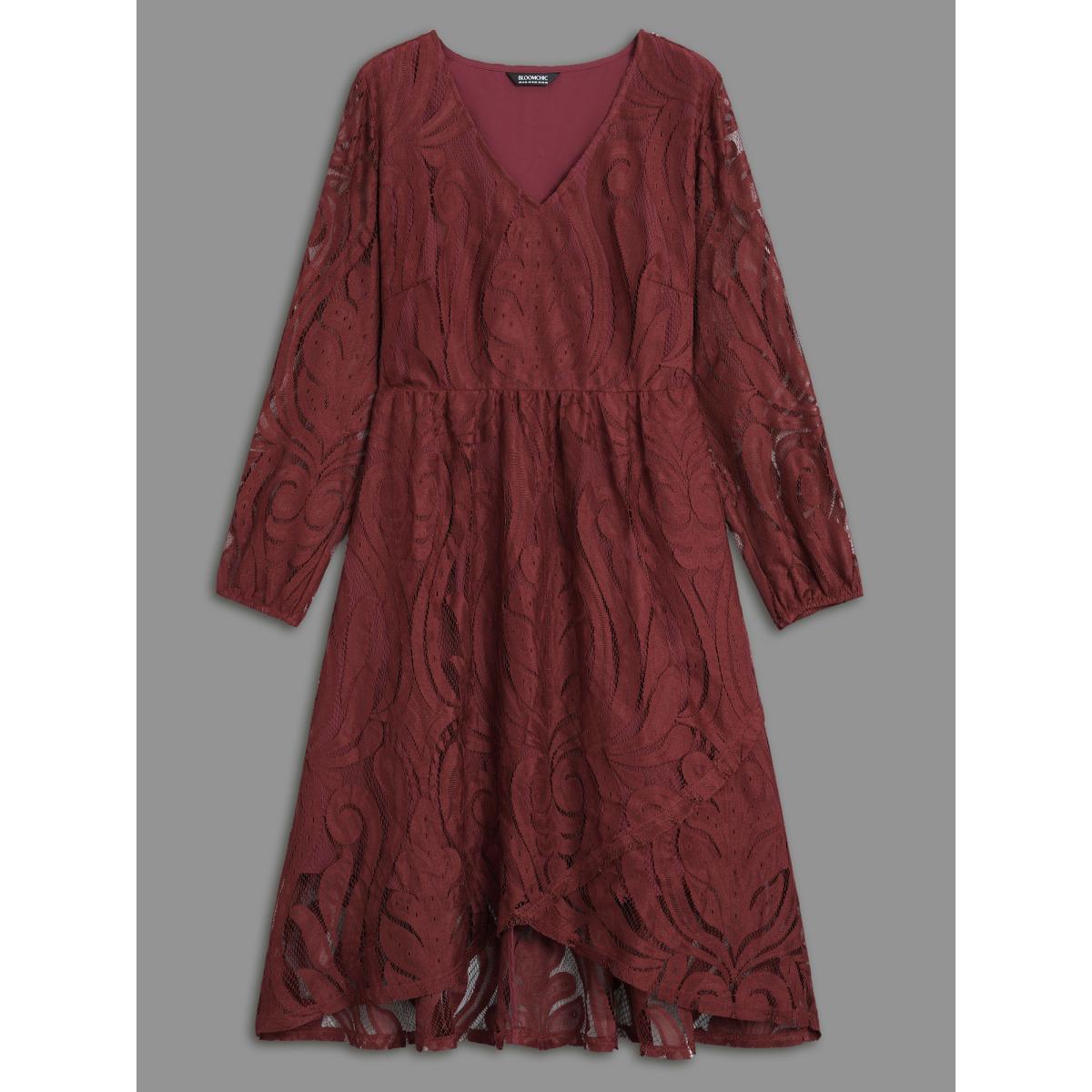 Plus Size Crochet Lace Mesh Lantern Sleeve Dress Burgundy Women Cocktail Overlapping Party Curvy Bloomchic 30/6X Product Image