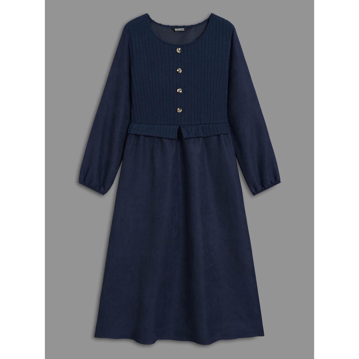 Plus Size Textured Button Detail Lantern Sleeve Dress Indigo Women Casual Texture Round Neck Long Sleeve Curvy BloomChic 22-24/3X Product Image