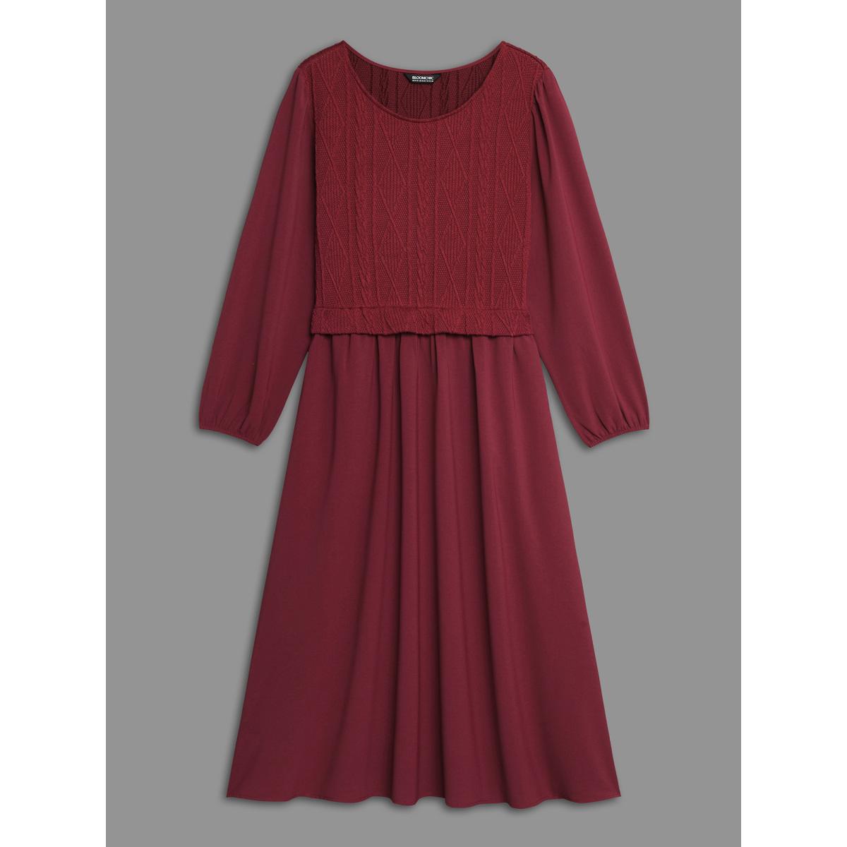 Plus Size Solid Cable Knit Lantern Sleeve Dress Burgundy Women Casual Texture Round Neck Long Sleeve Curvy BloomChic 28/5X Product Image