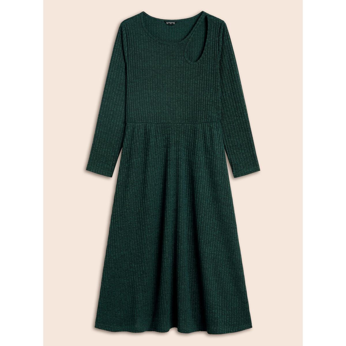Plus Size Rib Knit Asymmetrical Neck Midi Dress DarkGreen Women Elegant Texture Asymmetrical Neck Long Sleeve Curvy BloomChic 26/4X Product Image