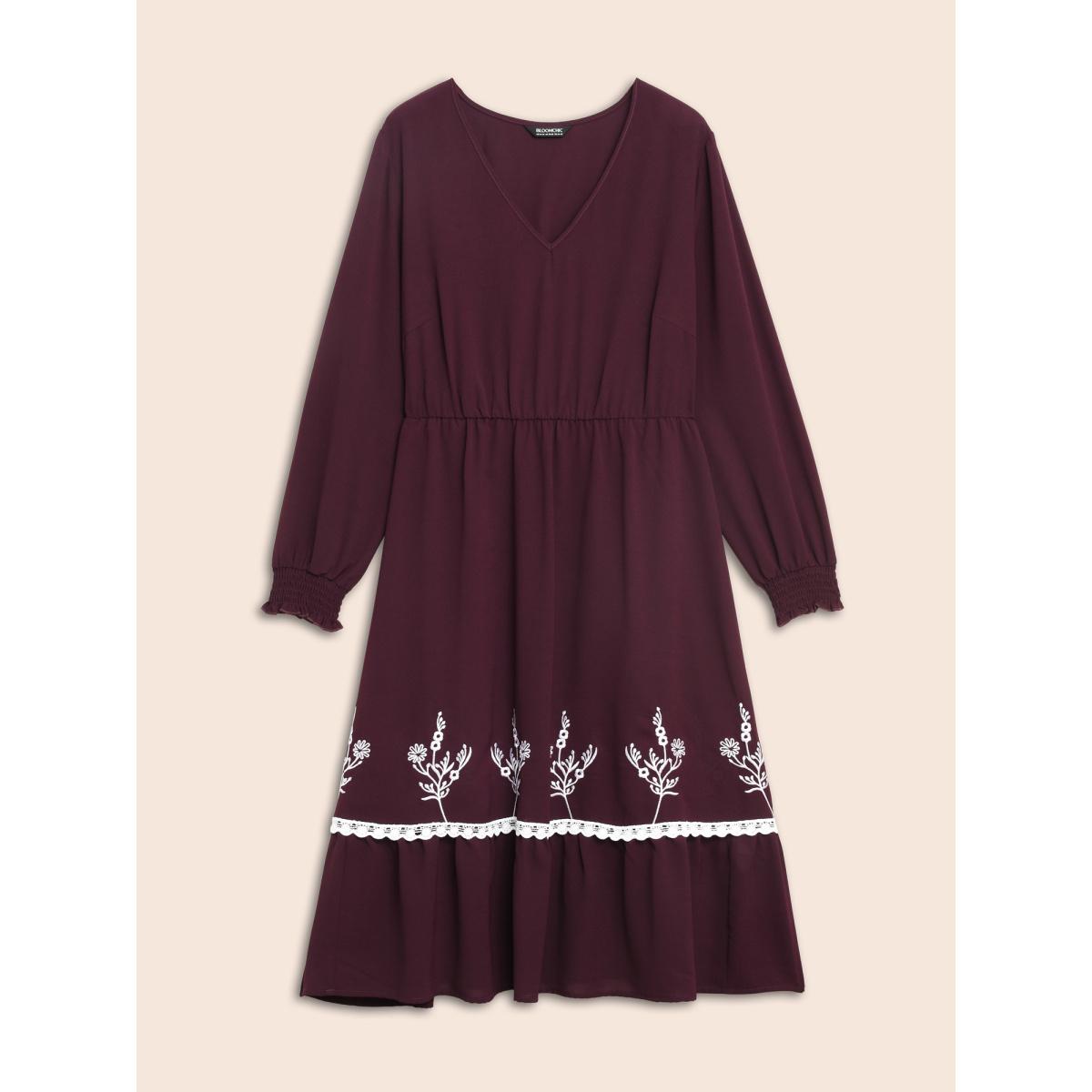 Plus Size Floral Embroidered Crochet Lace Midi Dress Eggplant Women Resort Woven ribbon&lace trim V-neck Long Sleeve Curvy BloomChic 30/6X Product Image