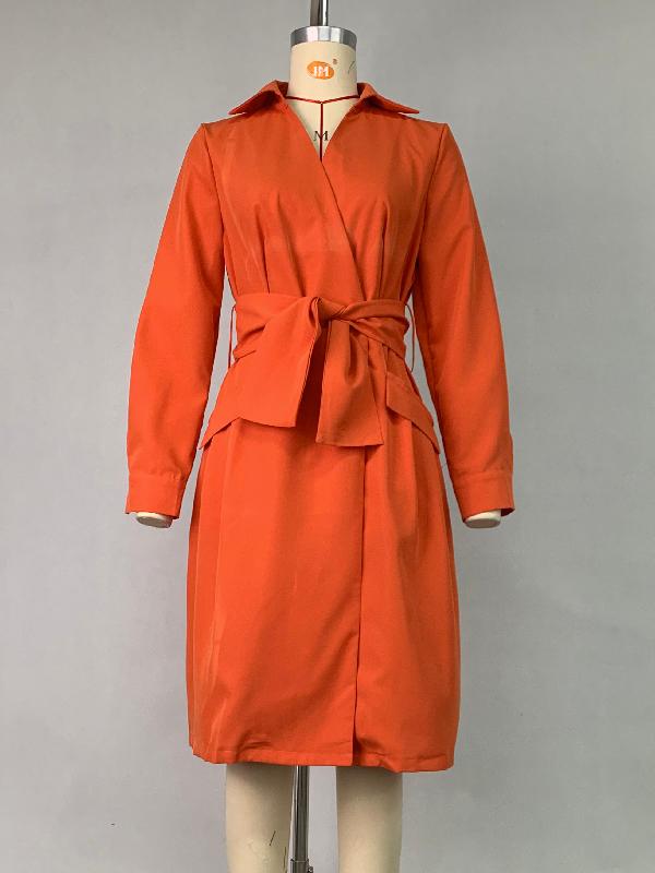 Long Sleeves Solid Color Tied Waist Deep V-Neck Mini Dresses Product Image