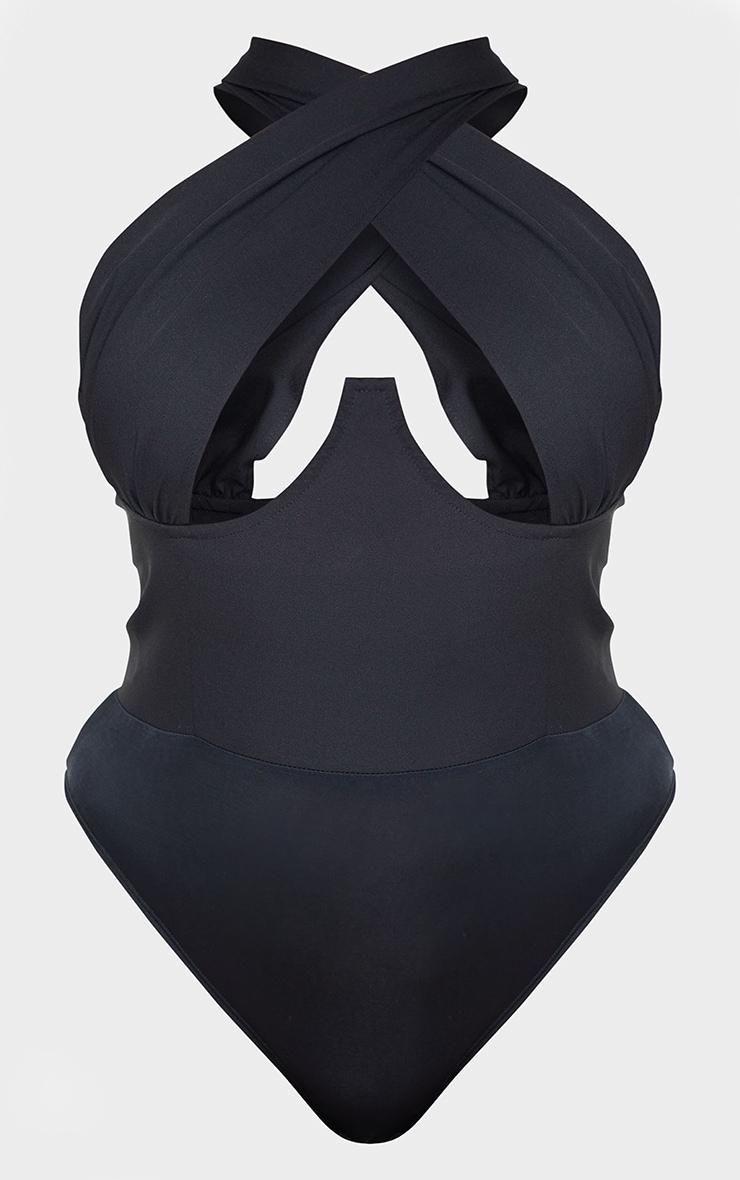 Plus Black Woven Cross Front Underwired Bodysuit Product Image