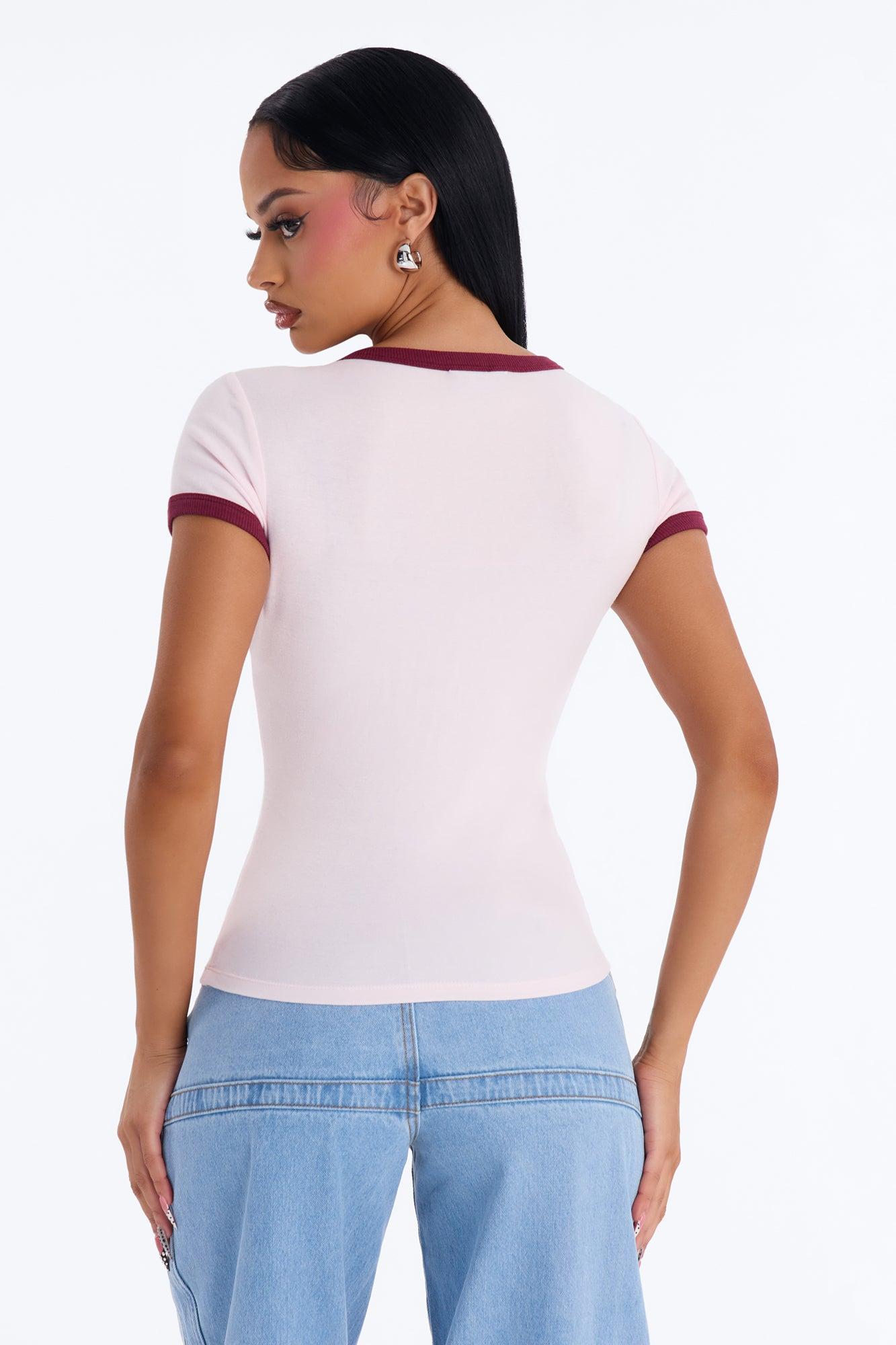 Marissa Crew Neck Contrast Short Sleeve Top - Pink/combo Female Product Image