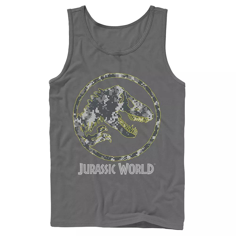 Men's Jurassic World Camouflage Yellow Outline Fossil Coin Logo Tank Top,  Product Image