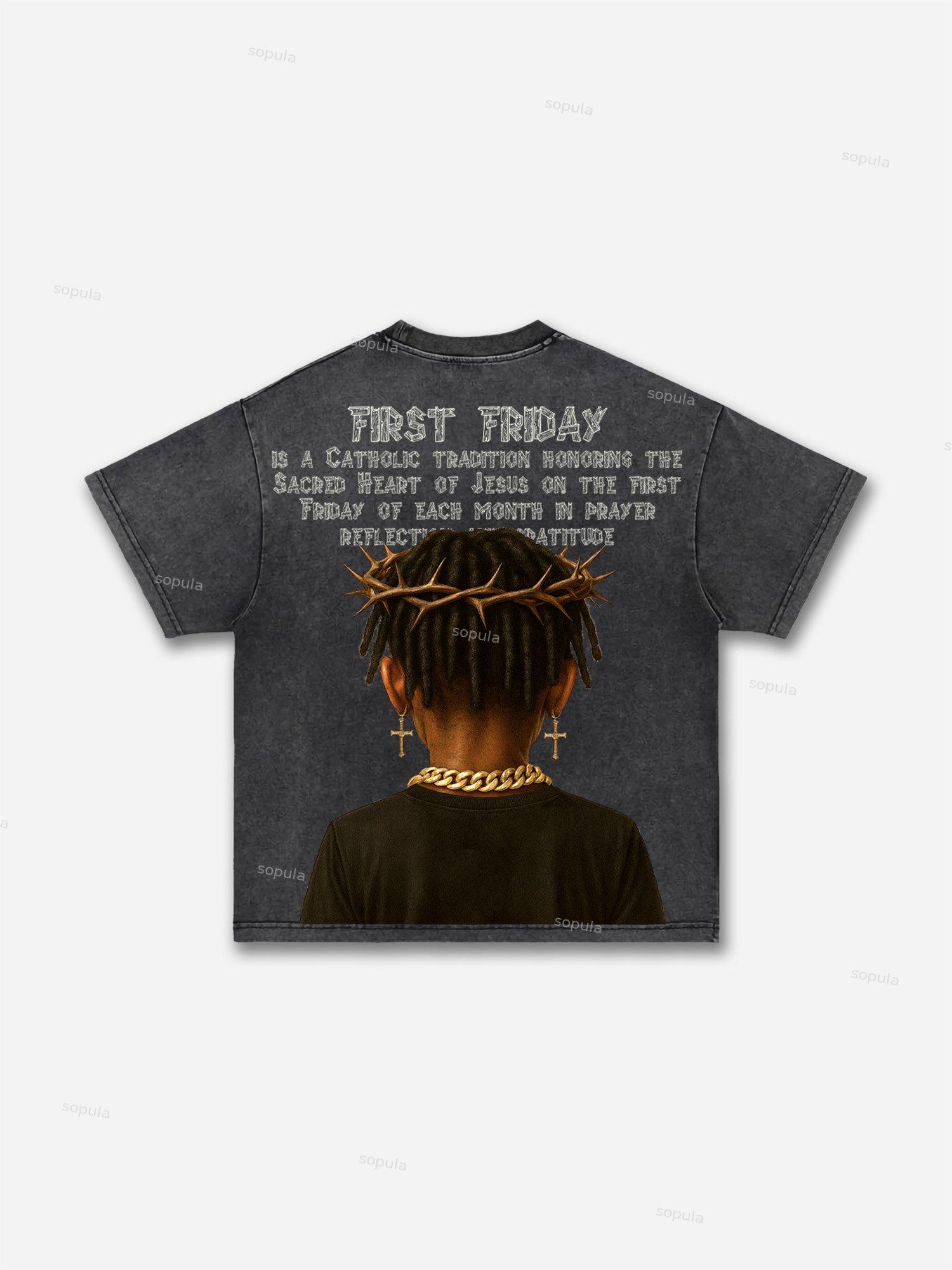 First Friday Devotion Retro Graphic Acid Wash T-shirt Product Image
