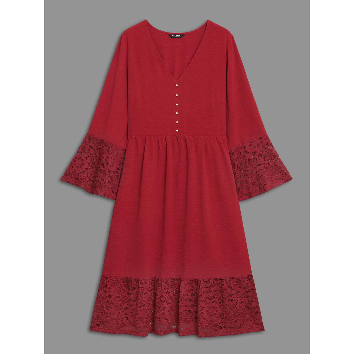 Plus Size Lace Tiered Skirt Elastic Waist V-Neck Dress Burgundy Women Elegant Woven ribbon&lace trim V-neck Long Sleeve Curvy BloomChic 26/4X Product Image