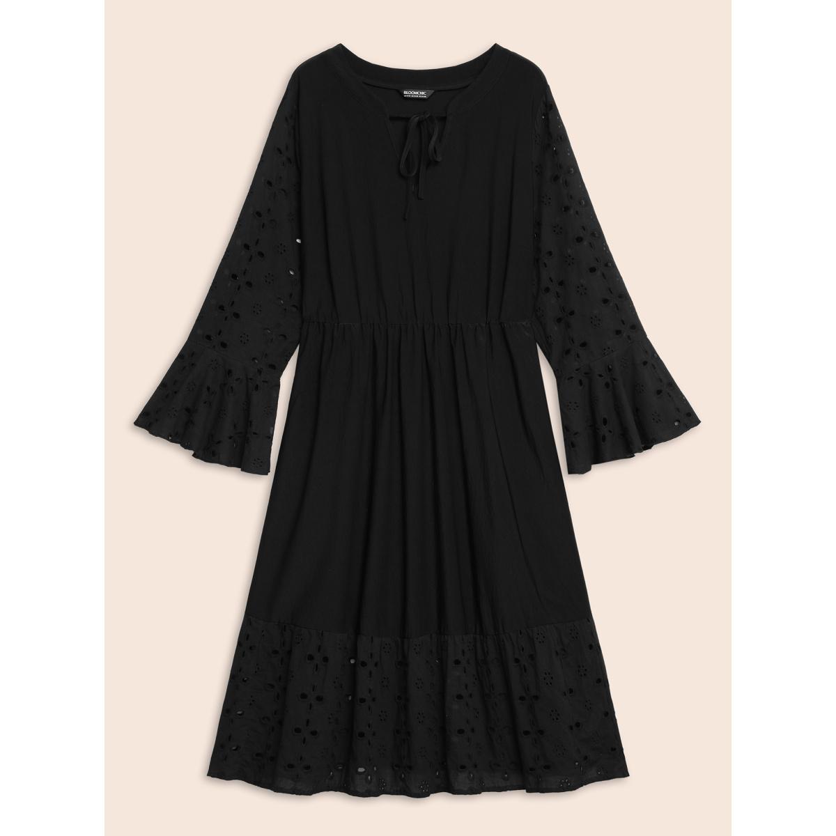 Plus Size Embroidered Flare Cuffs Midi Dress Black Women Resort Woven ribbon&lace trim Notched collar Long Sleeve Curvy BloomChic 14-16/1X Product Image