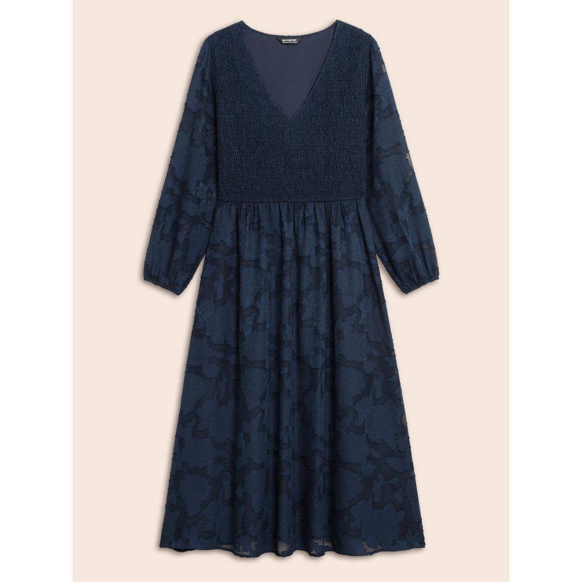 Plus Size Solid Textured Shirred Elastic Waist Dress DarkBlue Women Elegant Texture V-neck Long Sleeve Curvy BloomChic 18-20/2X Product Image