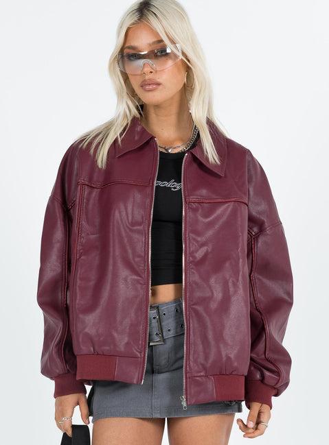 Goldsmith Faux Leather Bomber Jacket Burgundy Product Image