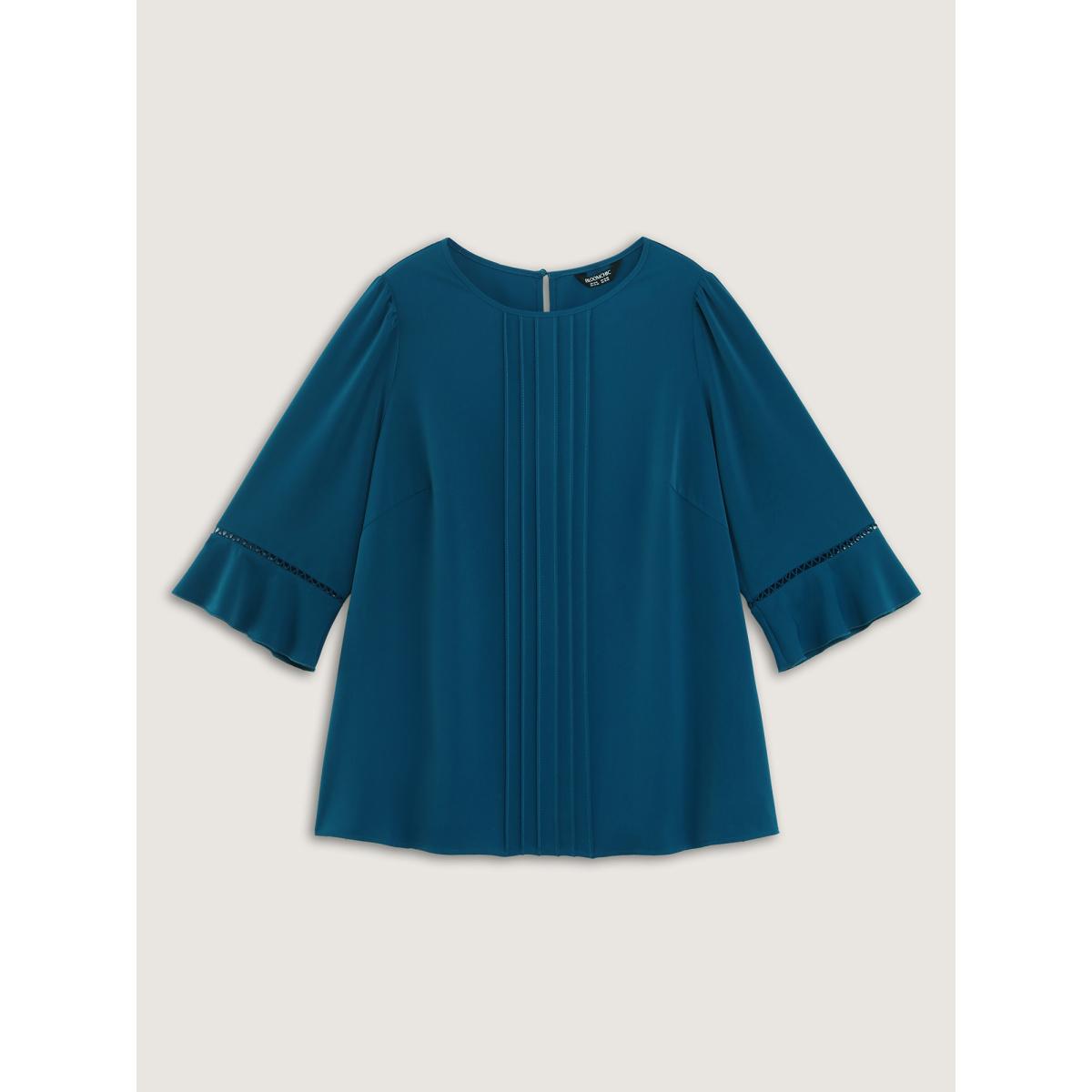 Plus Size Emerald Pleated Lace Trim Sleeve Flowy Blouse Women Office Long Sleeve Round Neck Office Blouses BloomChic 26/4X Product Image