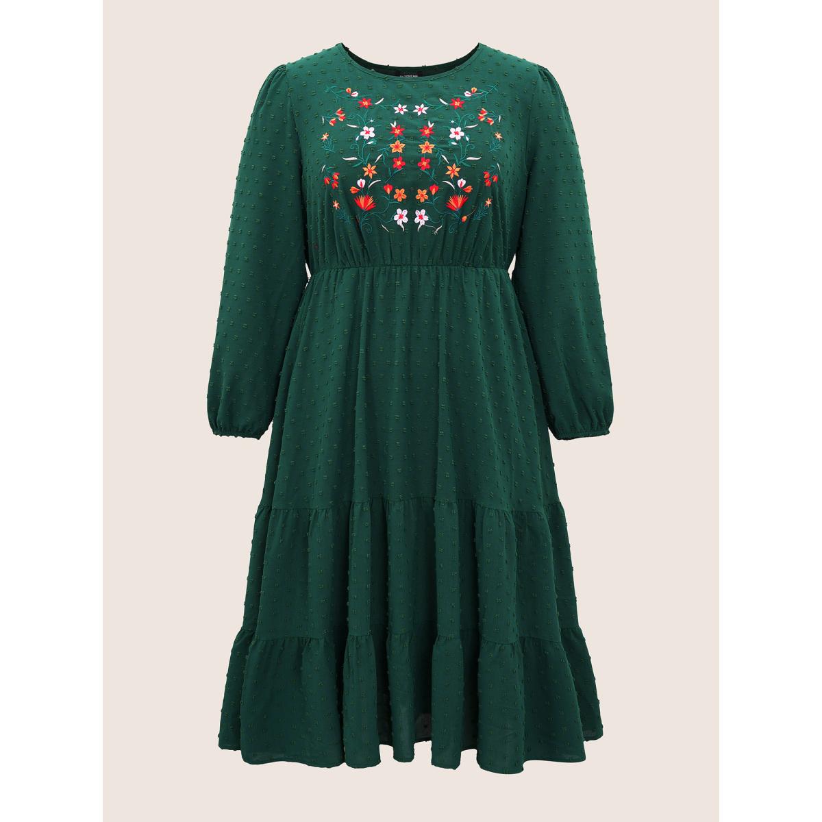 Plus Size Floral Embroidered Textured Ruffle Layered Hem Dress Emerald Women Vacation Elastic cuffs Round Neck Long Sleeve Curvy Midi Dress BloomChic 14-16/1X Product Image