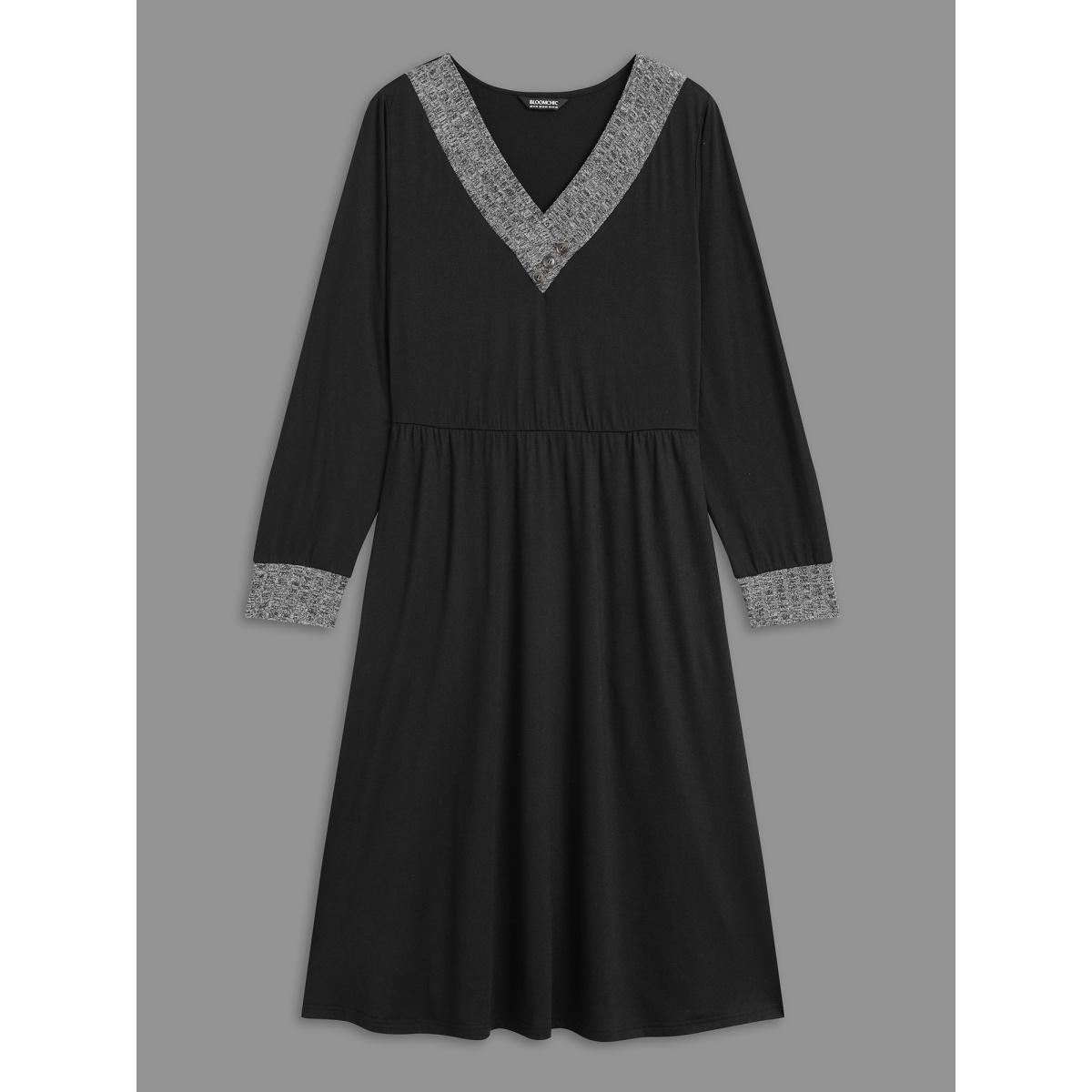 Plus Size Textured Patchwork Button Detail Midi Dress DimGray Women Casual Contrast V-neck Long Sleeve Curvy BloomChic 18-20/2X Product Image