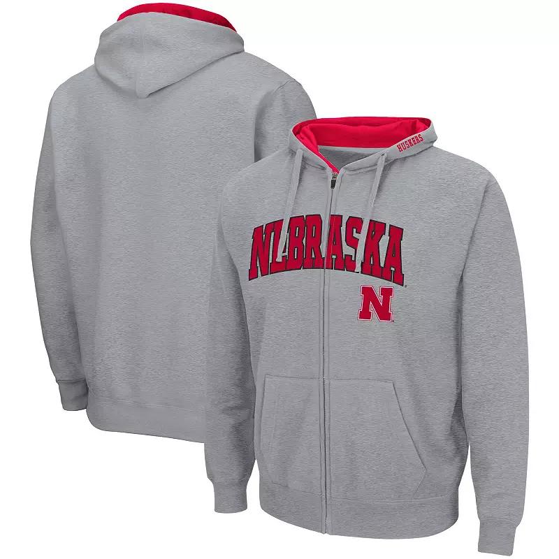 Men's Colosseum Heathered Gray Nebraska Huskers Arch & Logo 3.0 Full-Zip Hoodie,  Product Image