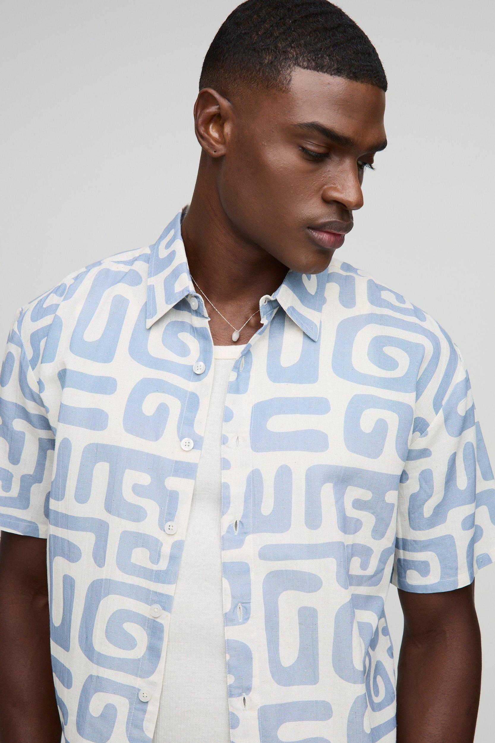 Oversized Abstract Linen Blend Collared Shirt | boohooMAN USA Product Image