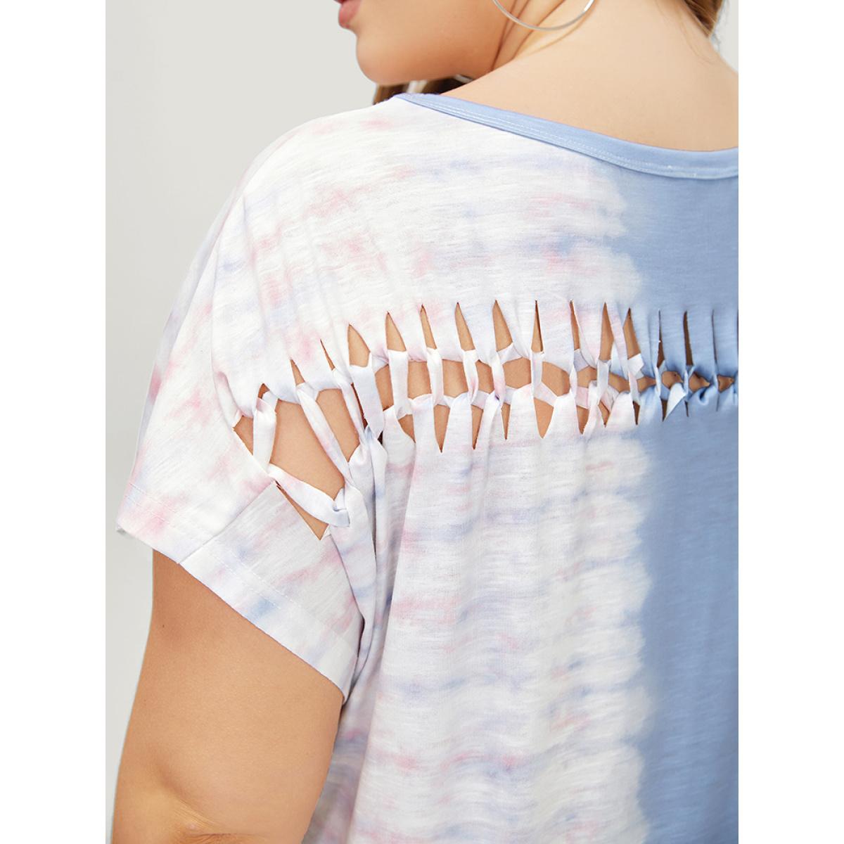 Plus Size Tie Dye Batwing Sleeve Cut Out Two Tone T-shirt Multicolor Women Casual Contrast Colorblock Round Neck Dailywear T-shirts BloomChic 18-20/2X Product Image