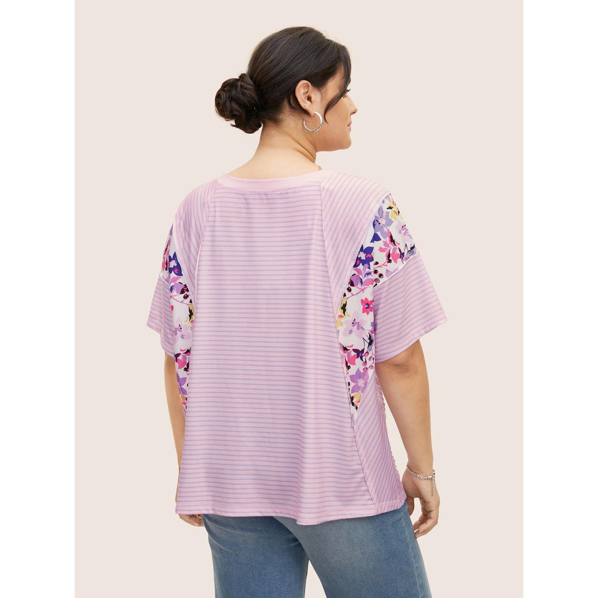 Plus Size Crew Neck Striped Patchwork Floral Print T-shirt Lilac Women Casual Contrast Natural Flowers Round Neck Everyday T-shirts BloomChic 14-16/1X Product Image