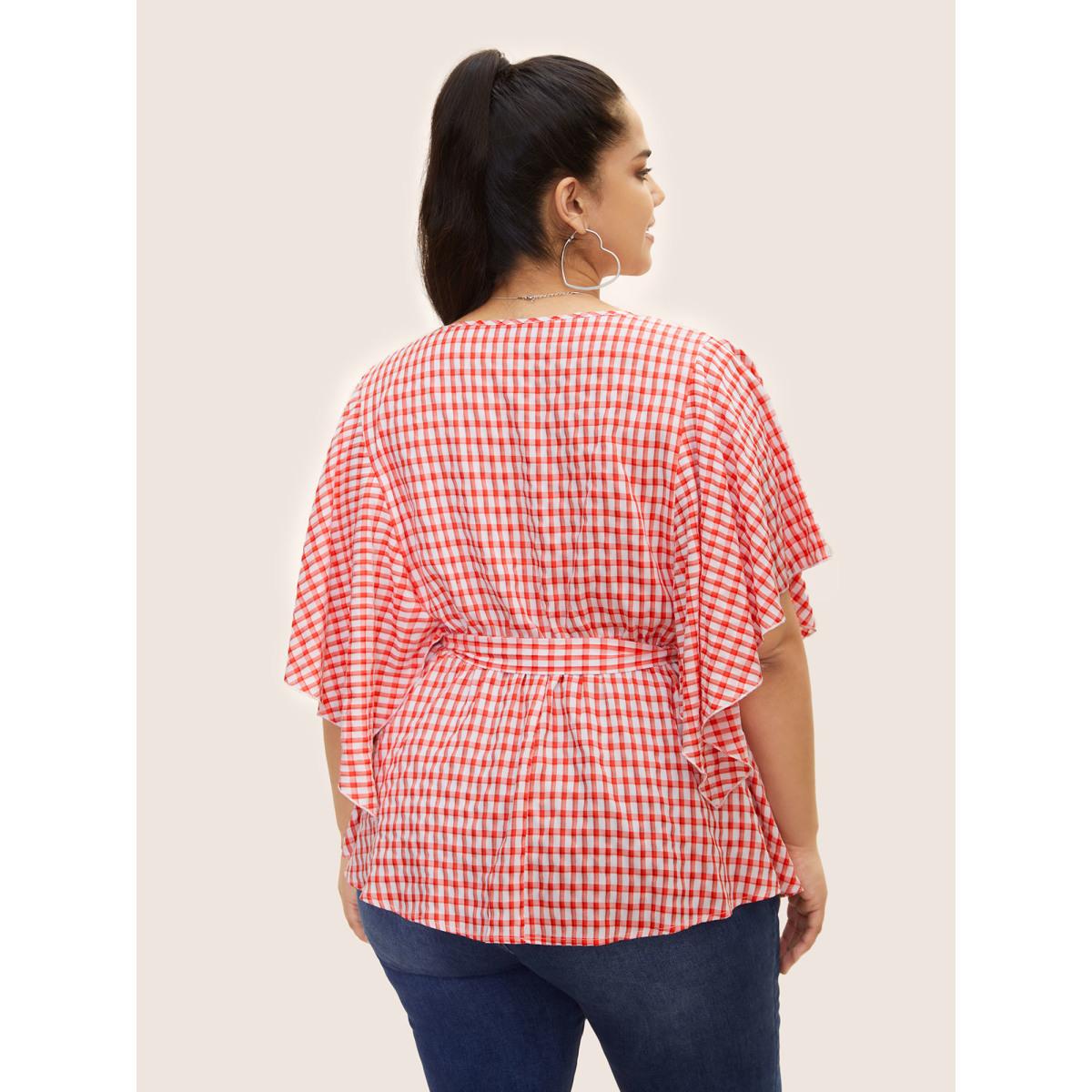 Plus Size Crimson V Neck Gingham Tie Knot Ruffles Blouse Women Casual Elbow-length sleeve V-neck Everyday Blouses BloomChic 12/L Product Image