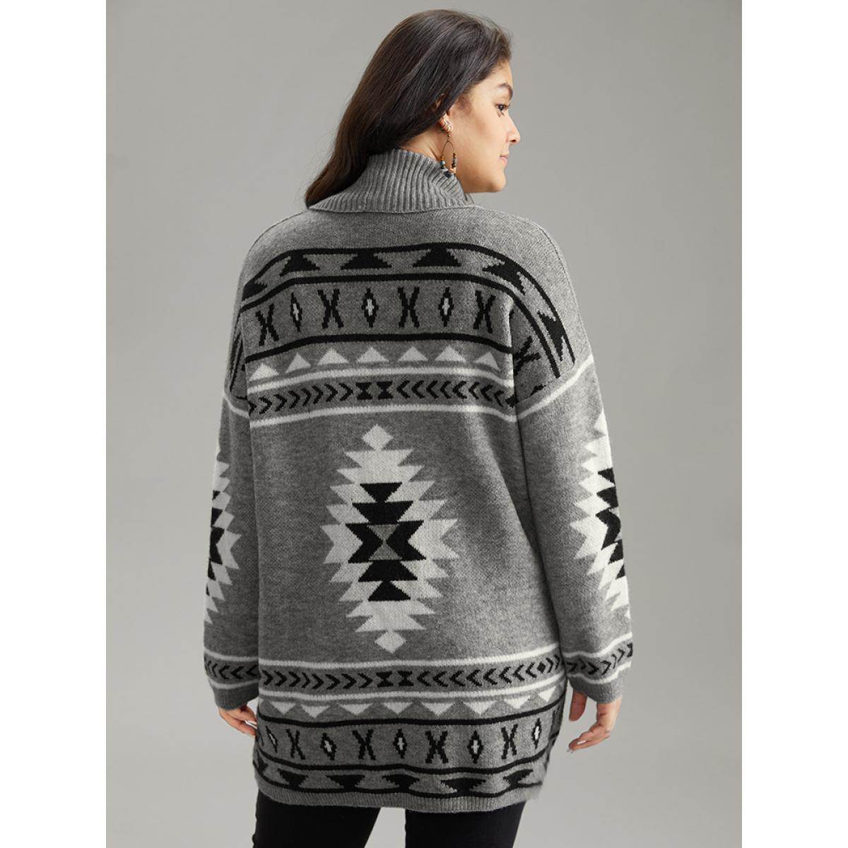 Plus Size Bandana Print Lapel Collar Open Front Cardigan Gray Women Casual Loose Long Sleeve Everyday Cardigans BloomChic 12/L Product Image