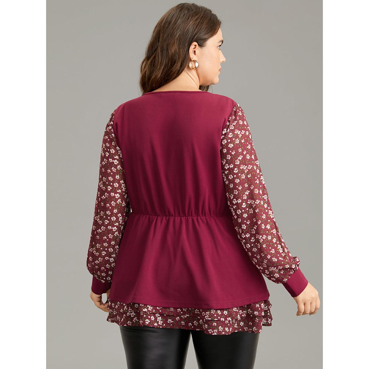 Plus Size Scarlet Ditsy Floral Patchwork Layered Metal Buckle Detail Blouse Women Elegant Long Sleeve Round Neck Office Blouses BloomChic 26/4X Product Image