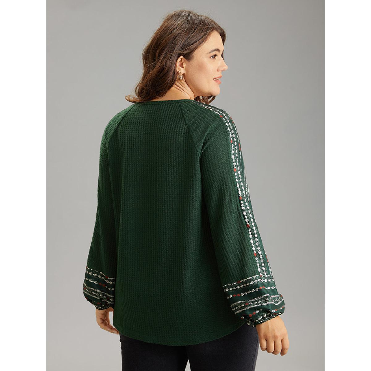 Plus Size Waffle Knit Patchwork Bandana Graphic T-shirt DarkGreen Women Elegant Waffle Knit Bohemian Print V-neck Dailywear T-shirts BloomChic 10/M Product Image