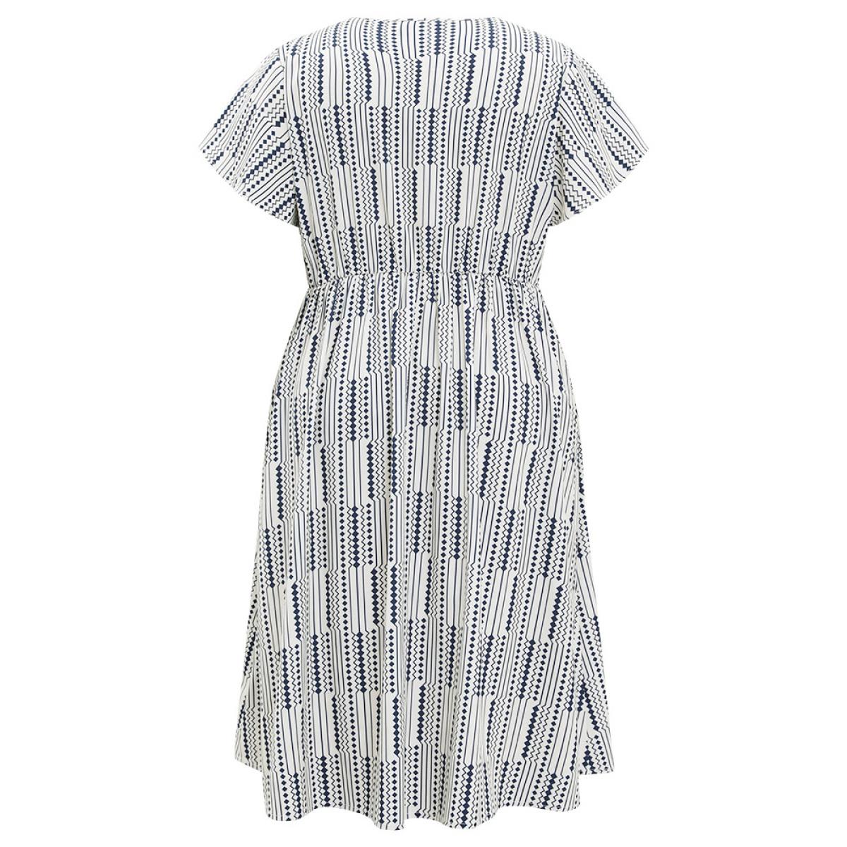 Plus Size Geometric Print Button Detail Pocket Ruffle Sleeve Dress Blue Women Elegant Elastic Waist V-neck Short sleeve Curvy Midi Dress BloomChic 10/M Product Image