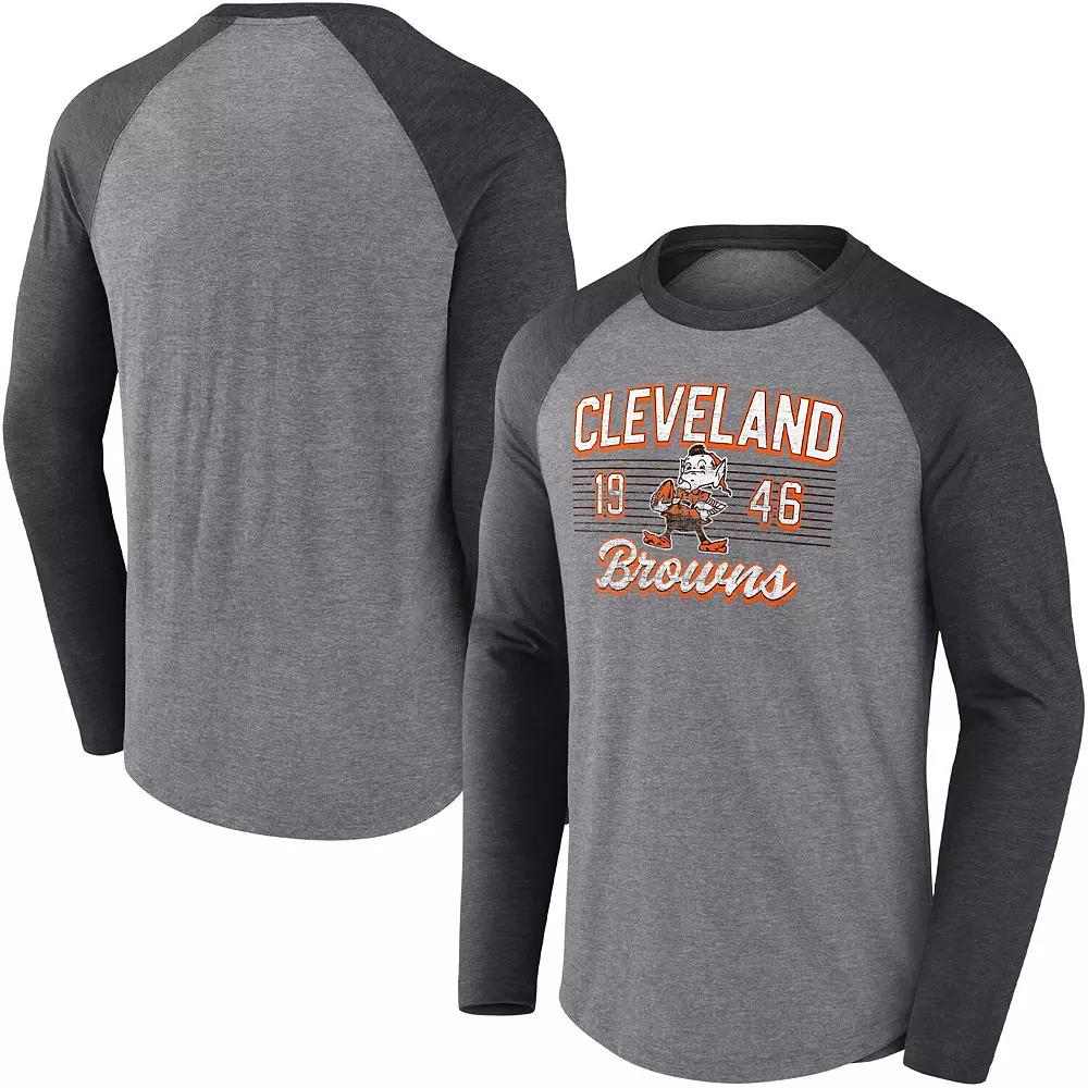 Men's Fanatics Branded Heathered Gray/Heathered Charcoal Cleveland Browns Weekend Casual Tri-Blend Raglan Long Sleeve T-Shirt,  Product Image
