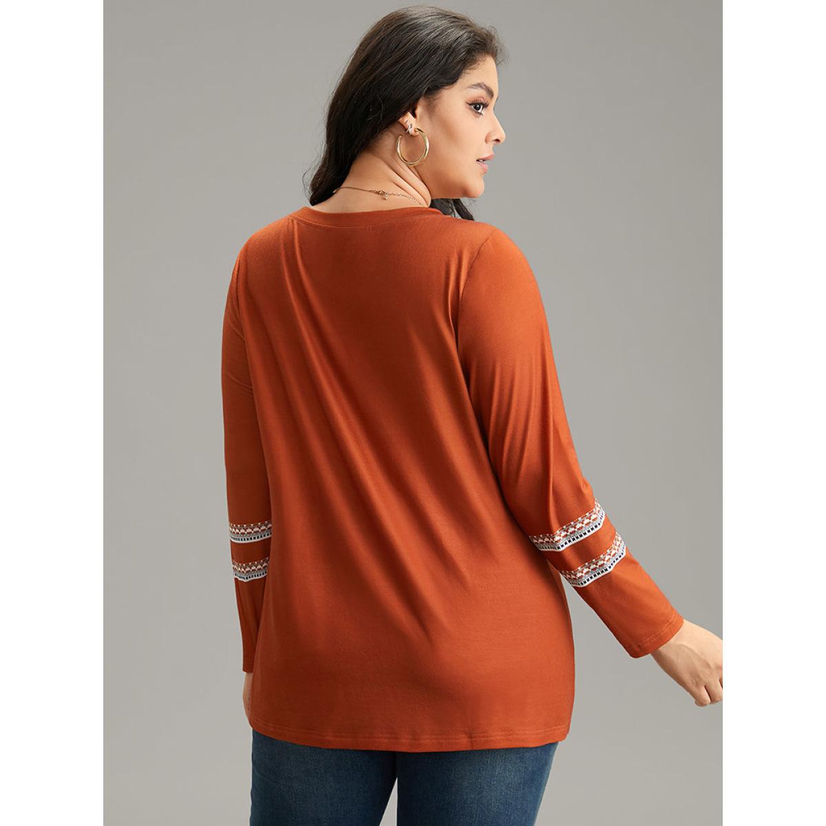 Plus Size Boho Print Patchwork Crew Neck T-shirt OrangeRed Women Casual Printed Bohemian Print Round Neck Dailywear T-shirts BloomChic 14-16/1X Product Image