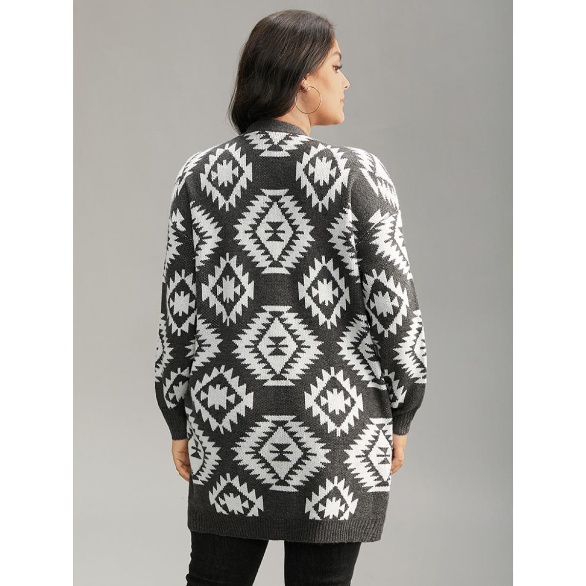 Plus Size Bandana Print Elastic Cuffs Patched Pocket Cardigan DimGray Women Casual Loose Long Sleeve Dailywear Cardigans BloomChic 12/L Product Image