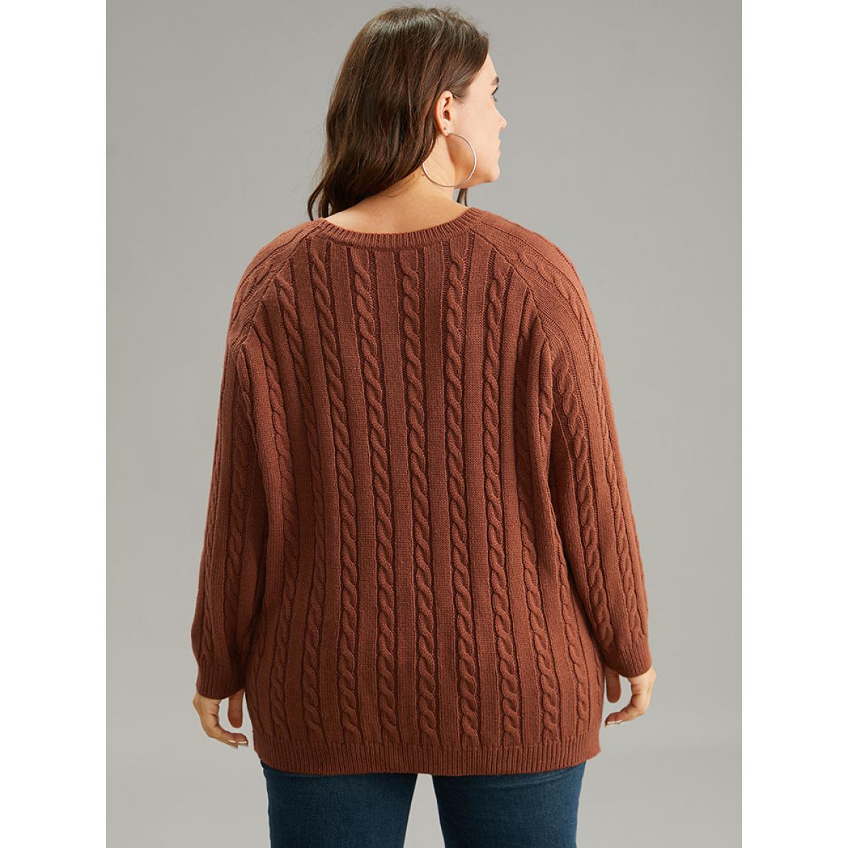 Plus Size Button Detail Cable Knit Raglan Sleeve Pullover Rust Women Casual Loose Long Sleeve Round Neck Dailywear Pullovers BloomChic 18-20/2X Product Image