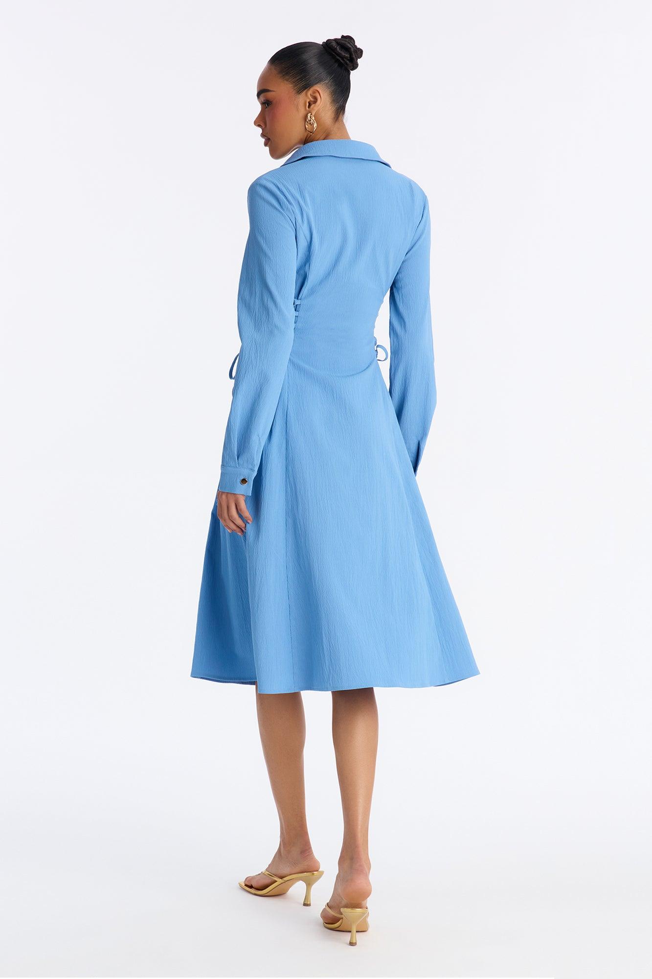 Josephine Collar Long Sleeve Midi Dress - Blue Female Product Image