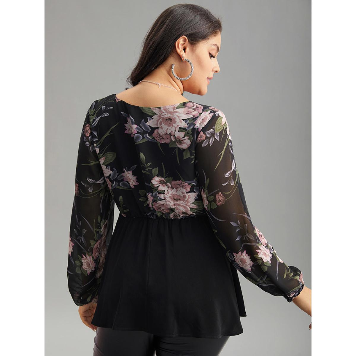 Plus Size Black Floral Print Patchwork Elastic Waist Lantern Sleeve Blouse Women Elegant Long Sleeve V-neck Going out Blouses BloomChic 14-16/1X Product Image