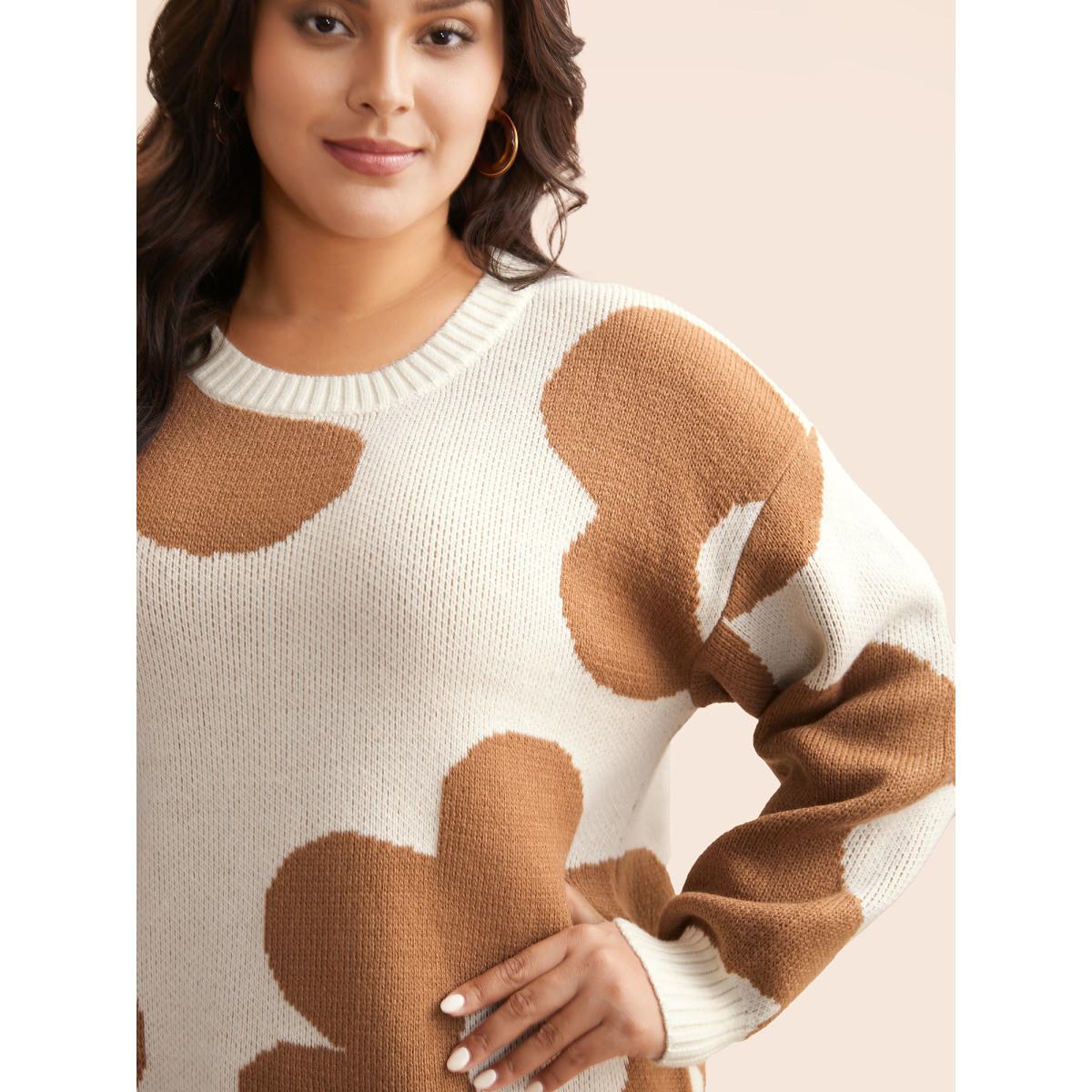 Plus Size Floral Jacquard Drop Shoulder Sleeve Pullover Apricot Women Casual Loose Long Sleeve Round Neck Everyday Pullovers BloomChic 14-16/1X Product Image