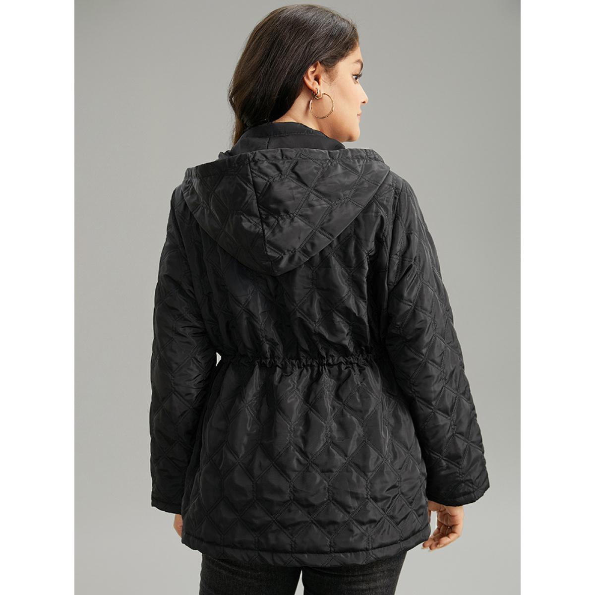 Plus Size Plain Button Up Drawstring Hooded Coat Women Black Casual Plain Ladies Dailywear Winter Coats BloomChic 28/5X Product Image