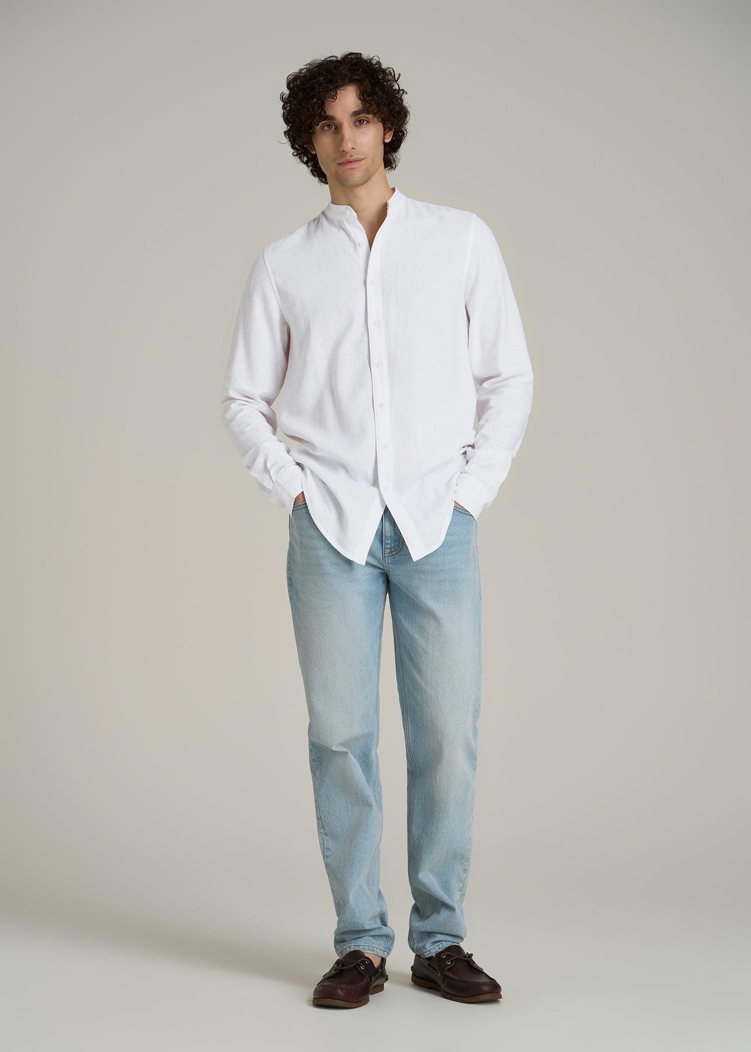 Band Collar Linen Button Shirt for Tall Men in Optic White Male Product Image