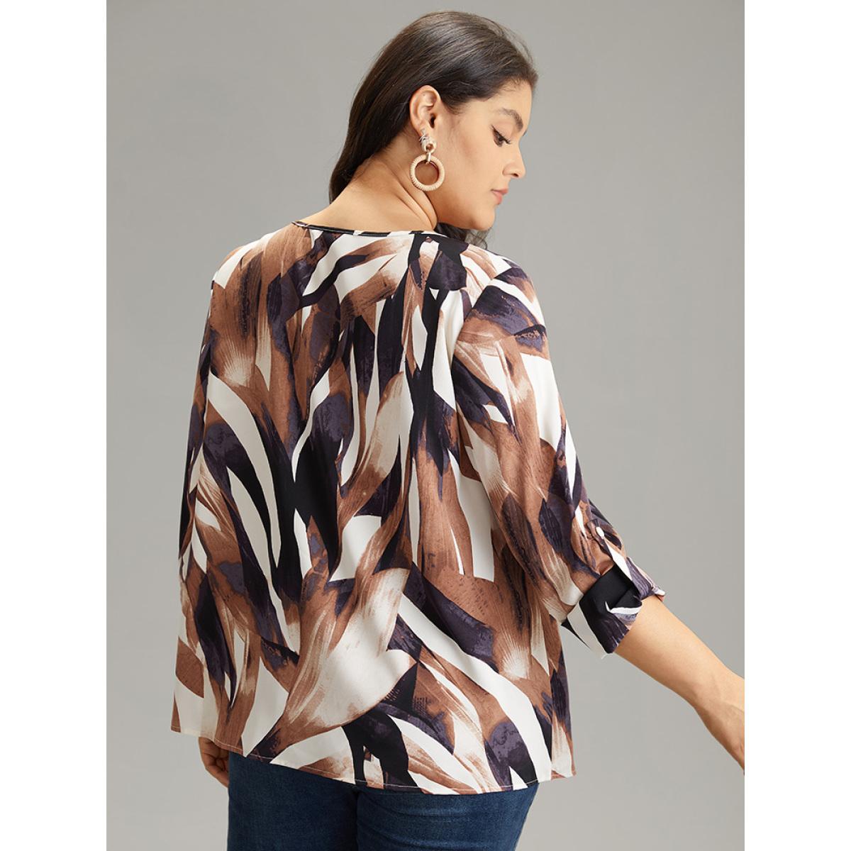 Plus Size DarkBrown Geometric Print 2-In-1 Split Round Neck Blouse Women Vacation Long Sleeve Round Neck Vacation Blouses BloomChic 14-16/1X Product Image