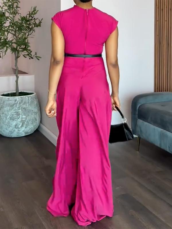 Cap Sleeve Wide Leg No Belt Solid Color Stand Collar Jumpsuits Product Image