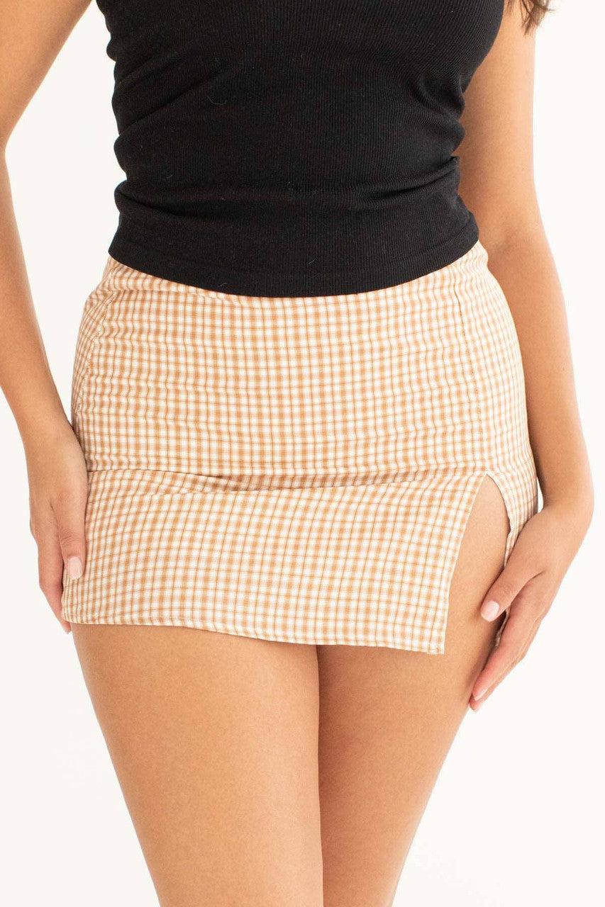 Taupe Plaid Thigh Slit Mini Skirt Product Image