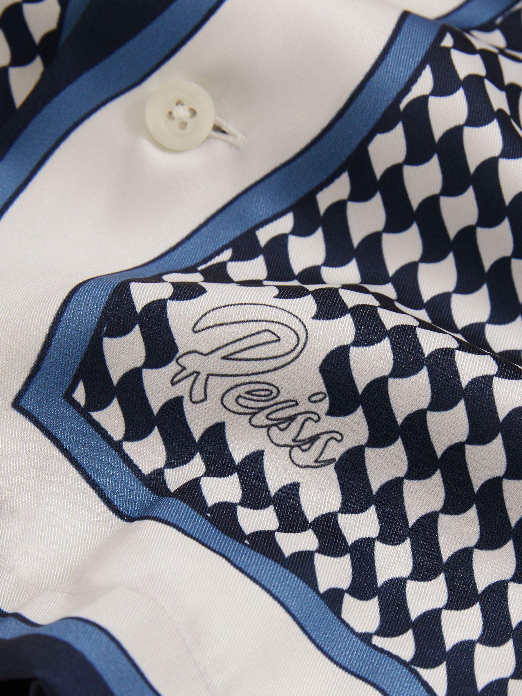 Geometric-Print Cuban-Collar Shirt in White/Navy Product Image