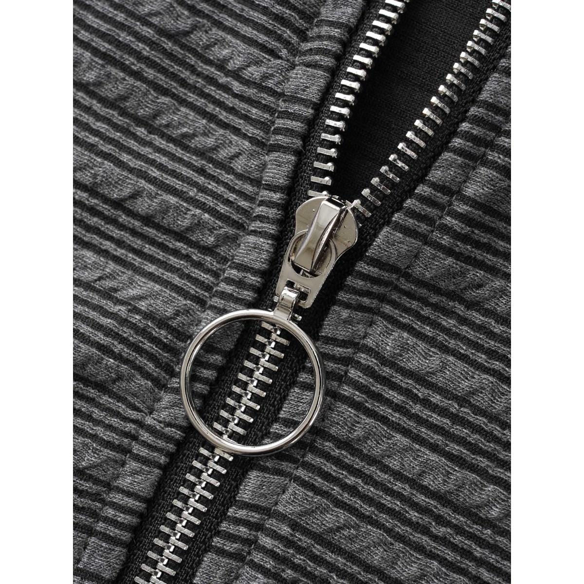 Plus Size Textured O Ring Zipper Hooded Sweatshirt Women DimGray Casual Texture Hooded Everyday Sweatshirts BloomChic 10/M Product Image