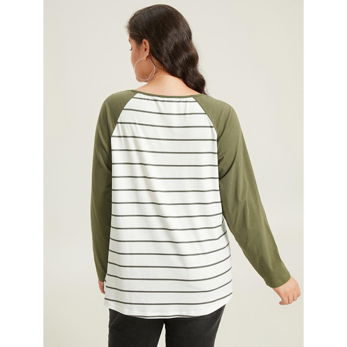 Plus Size Striped Notched Contrast Patchwork T-shirt ArmyGreen Women Casual Contrast Striped Notched collar Dailywear T-shirts BloomChic 12/L Product Image