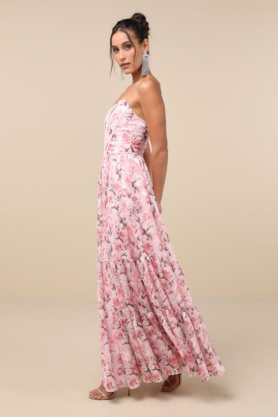 Special Moment Pink Floral Strapless Bustier Maxi Dress Product Image